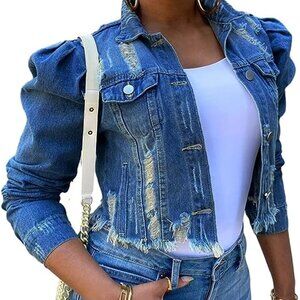 Amebelle Jean Jacket Long Puff Sleeve Distressed Crop Denim Jackets Size XXL NWT